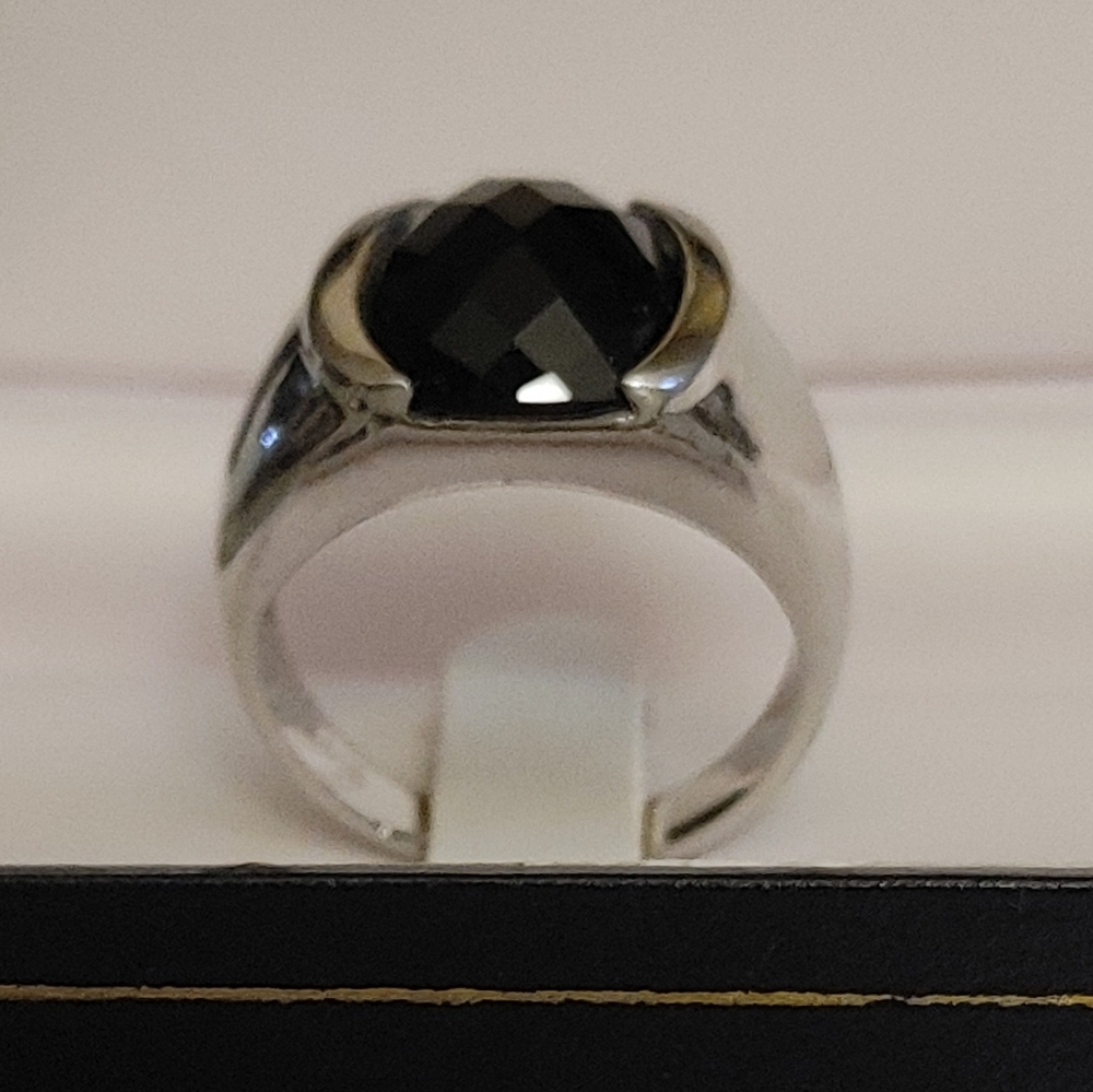 Sterling Faceted Onyx Cabochon Ring Size 7